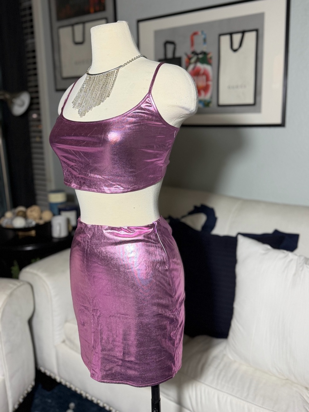 SHEIN Metallic Fuchsia Two-Piece Mini Skirt Set